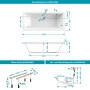 Technische Zeichnung: Calmwaters Duo-Badewanne 170x75 cm mit Wannenfuß und Ablaufgarnitur.