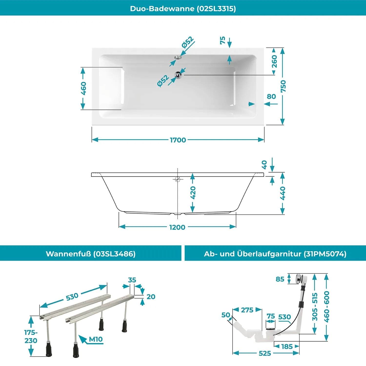 Technische Zeichnung: Calmwaters Duo-Badewanne 170x75 cm mit Wannenfuß und Ablaufgarnitur.