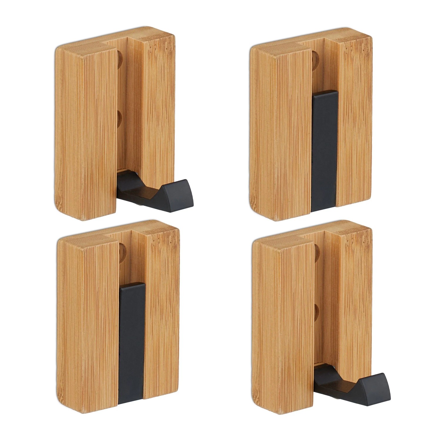 Relaxdays Garderobenhaken Set 4er Pack Bambus Aluminium Natur Schwarz Klappbar 7 cm x 5 cm x 5 cm 40 g