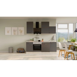 Moderne Flex-Well Küchenzeile Morena, 220 cm, Basaltgrau matt und San Remo Eiche Dekor.