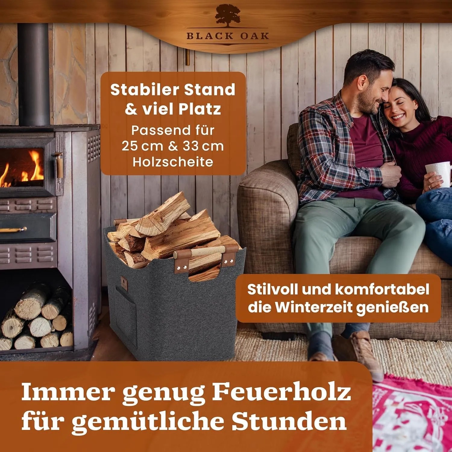 BLACK OAK Holzkorb MONTANA XL 60L Grau aus Filz mit Echtleder Applikationen – Kaminholzkorb für Brennholz Stabil mit Griffen Innenbereich_5