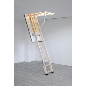 Minka Dachbodentreppe Complete, Holztreppe mit weißem Deckel und gelbem Handlauf.