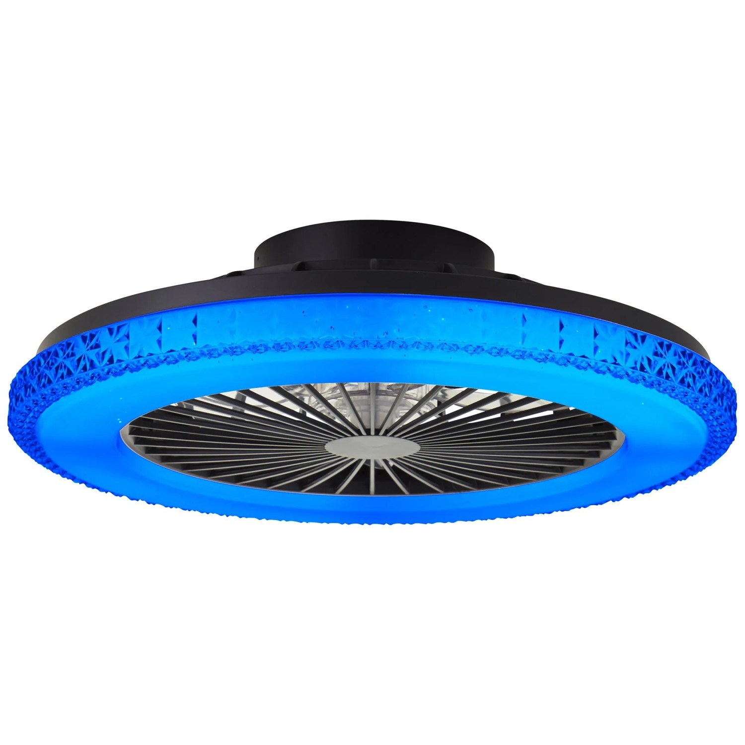 Schwarze LED-Deckenleuchte Badria mit Ventilator und blauer Kristalloptik, Ø 49 cm.