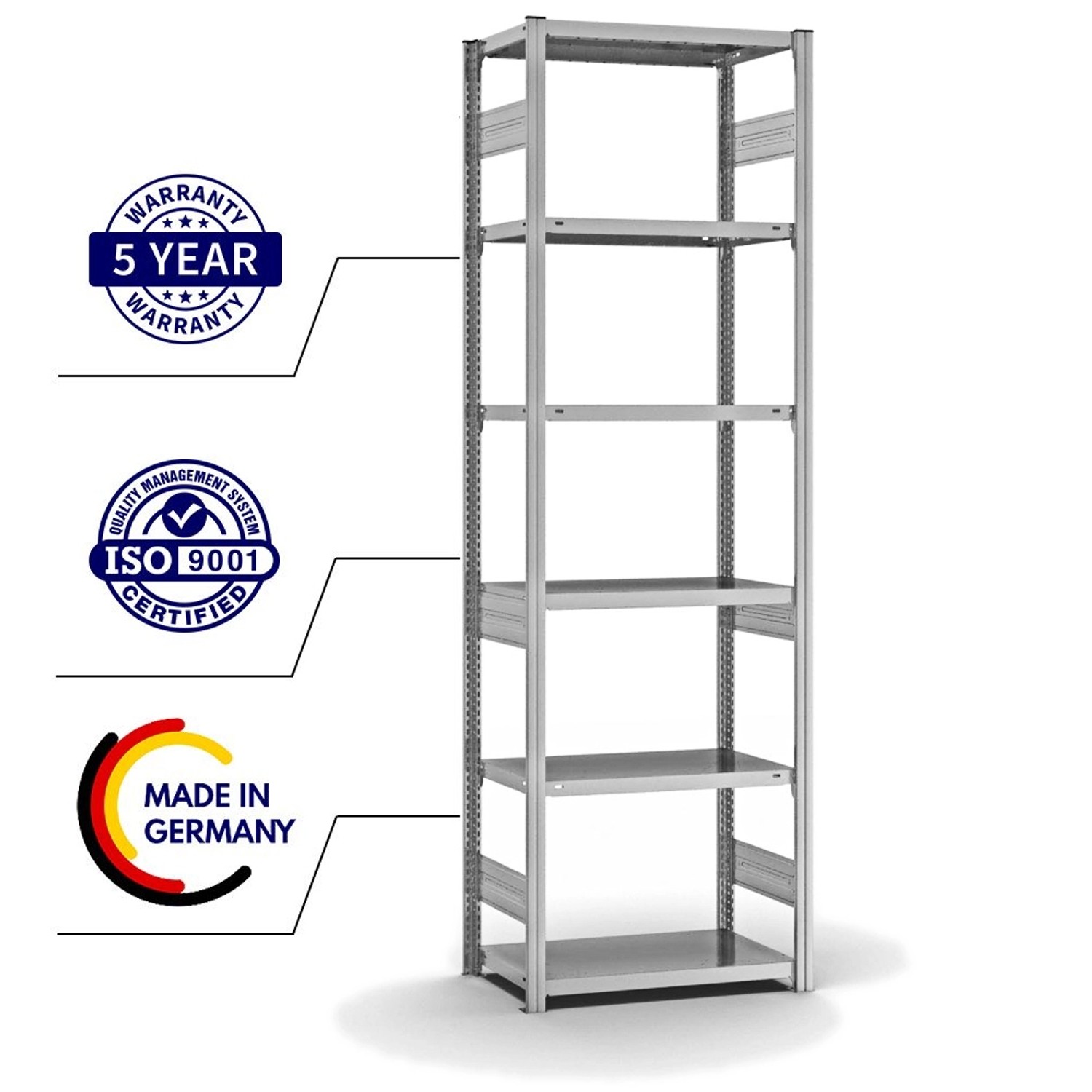 Verzinktes PROREGAL Fachbodenregal mit 6 Ebenen, Stecksystem, beidseitig nutzbar, 250x75x40 cm.