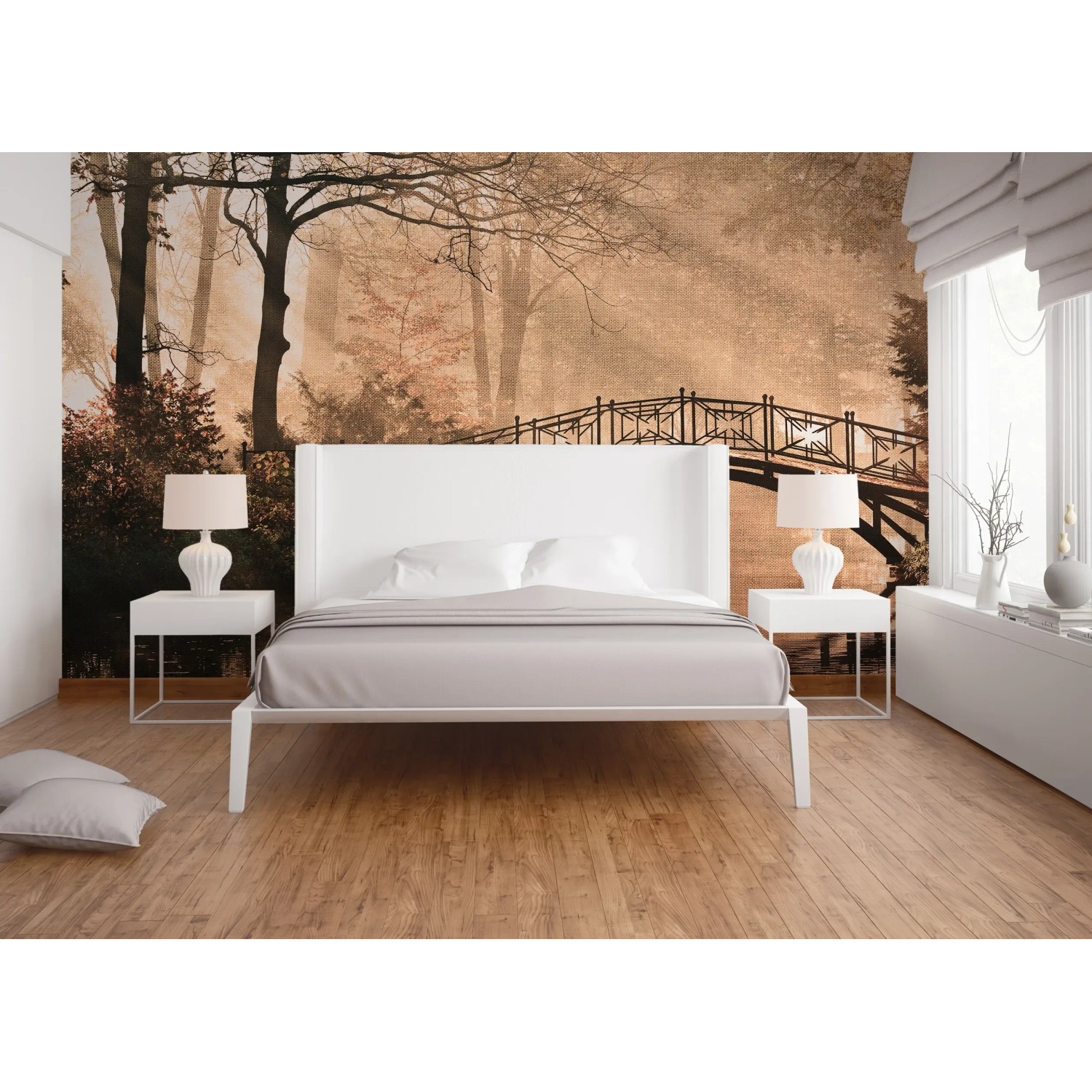 Fototapete mit Brücke, Fluss und Wald in Grün- und Brauntönen, 3,50 m x 2,55 m.
