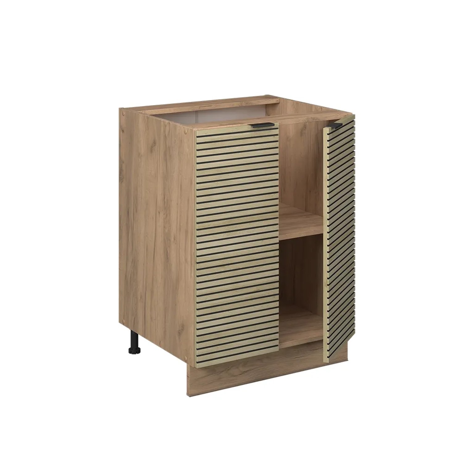 Vicco Küchenunterschrank Fame-Line in Eiche Paneel Optik, 60 cm breit. Küchenkommode mit zwei Türen und einem Regalboden.