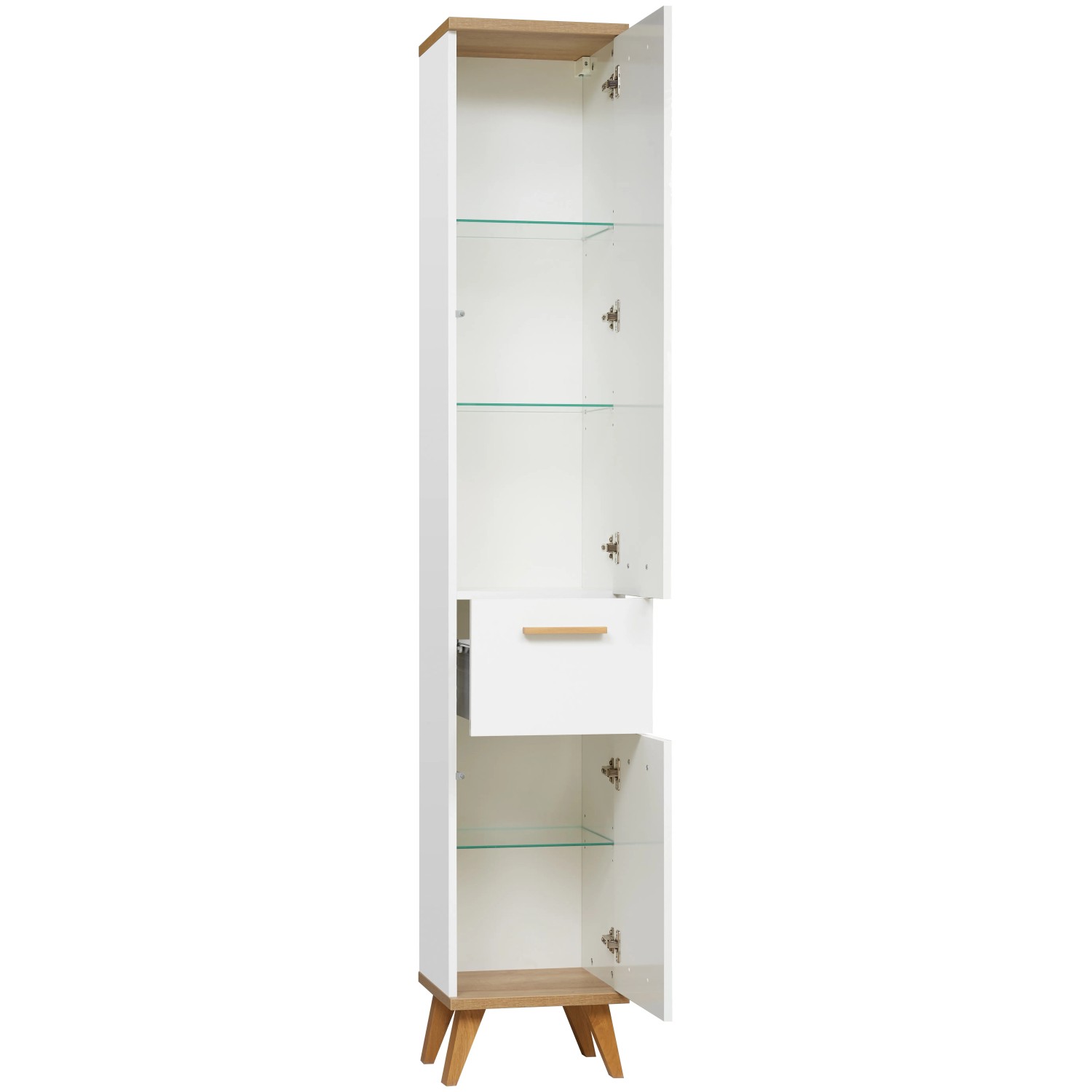 Pelipal Hochschrank aus dem Badmöbel-Set Quickset 923, weiß mit Riviera Eiche Dekor und Glasböden.