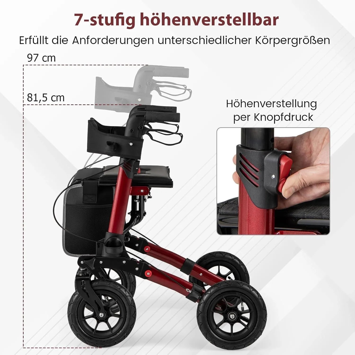 Costway Rollator mit Luftbereifung Faltbar 7-Fach Höhenverstellbar Rot_6