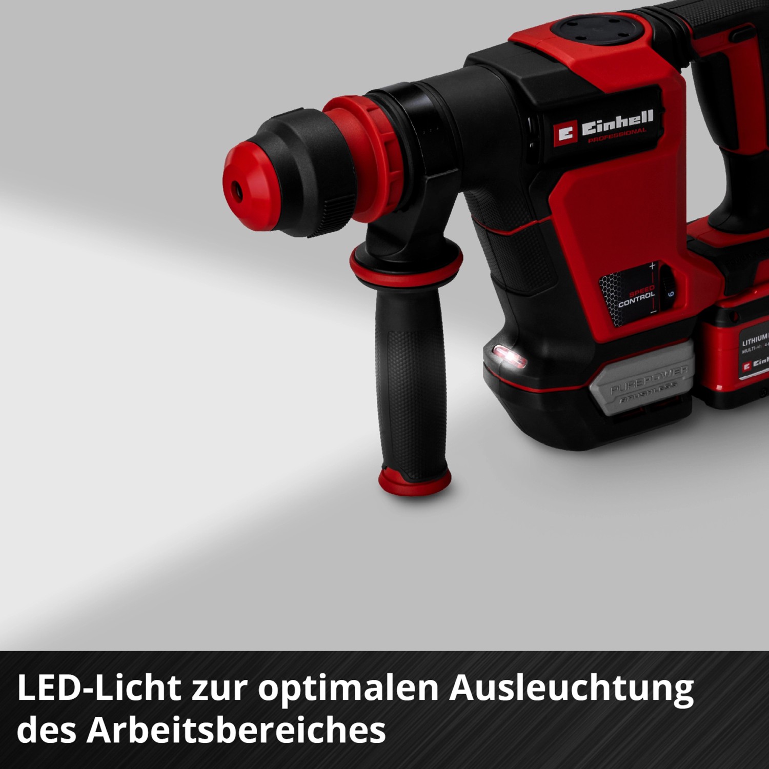 Einhell Akku-Abbruchhammer TP-DH 18/4 in Rot-Schwarz mit Zusatzhandgriff und LED-Licht.