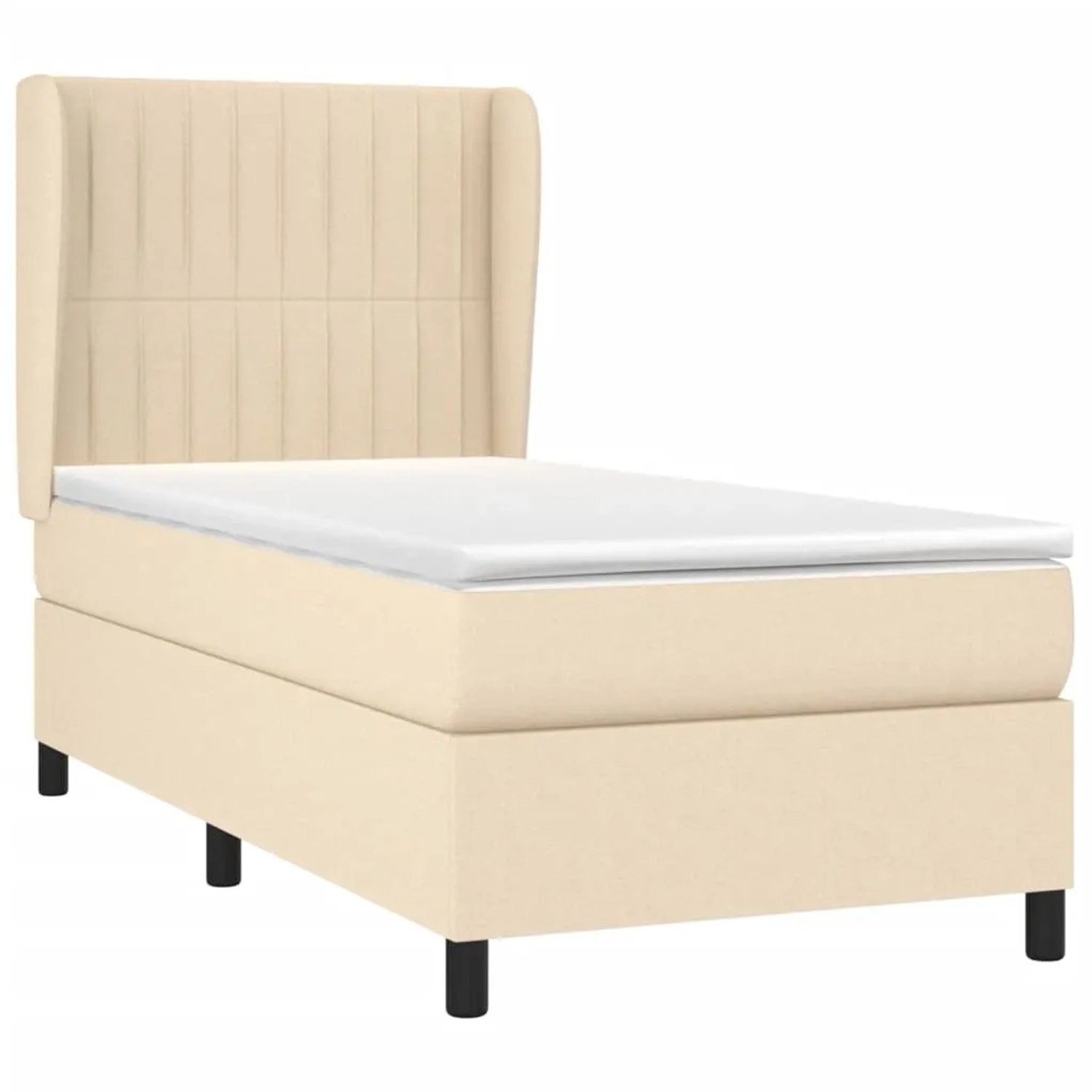 Cremefarbenes Boxspringbett 90x200 cm mit Matratze und Kopfteil, Stoffbezug.