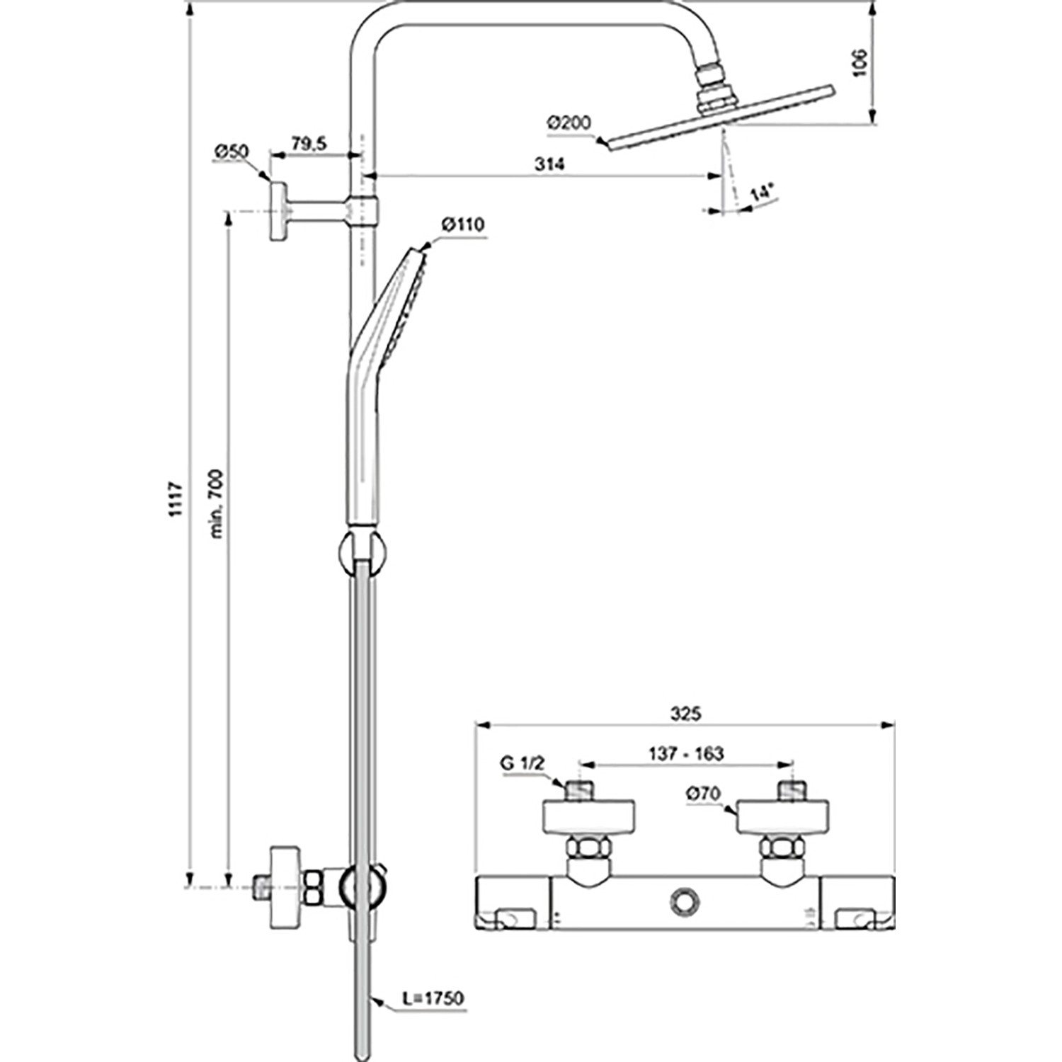 Technische Zeichnung Ideal Standard Duschsystem Ceratherm T50 Aufputz Chrom mit Maßen.