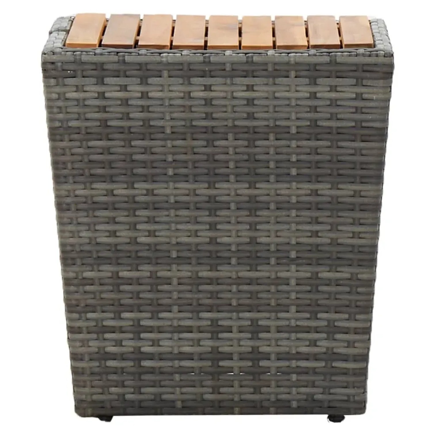 Detailansicht: Grauer Rattan-Tisch mit Akazienholzplatte aus dem 3-tlg. Bistro-Set.