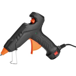 Schwarze Heißklebepistole 30W mit orangenen Akzenten und 5 Klebesticks.