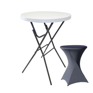 Klappbarer TRUTZHOLM Stehtisch mit weißer Platte und anthrazitfarbener Husse. Ideal für Partys.