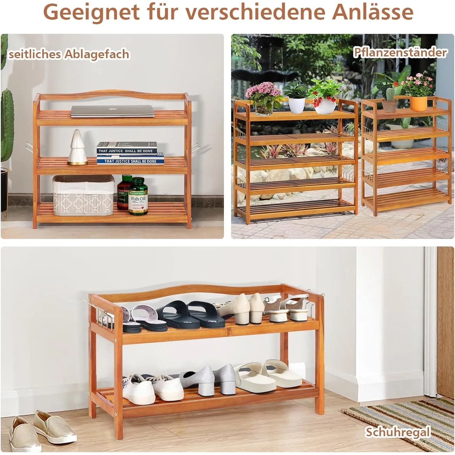 Rotbraunes Akazienholz Schuhregal mit 2 Ebenen und Haken, vielseitig als Ablage oder Pflanzenständer nutzbar.