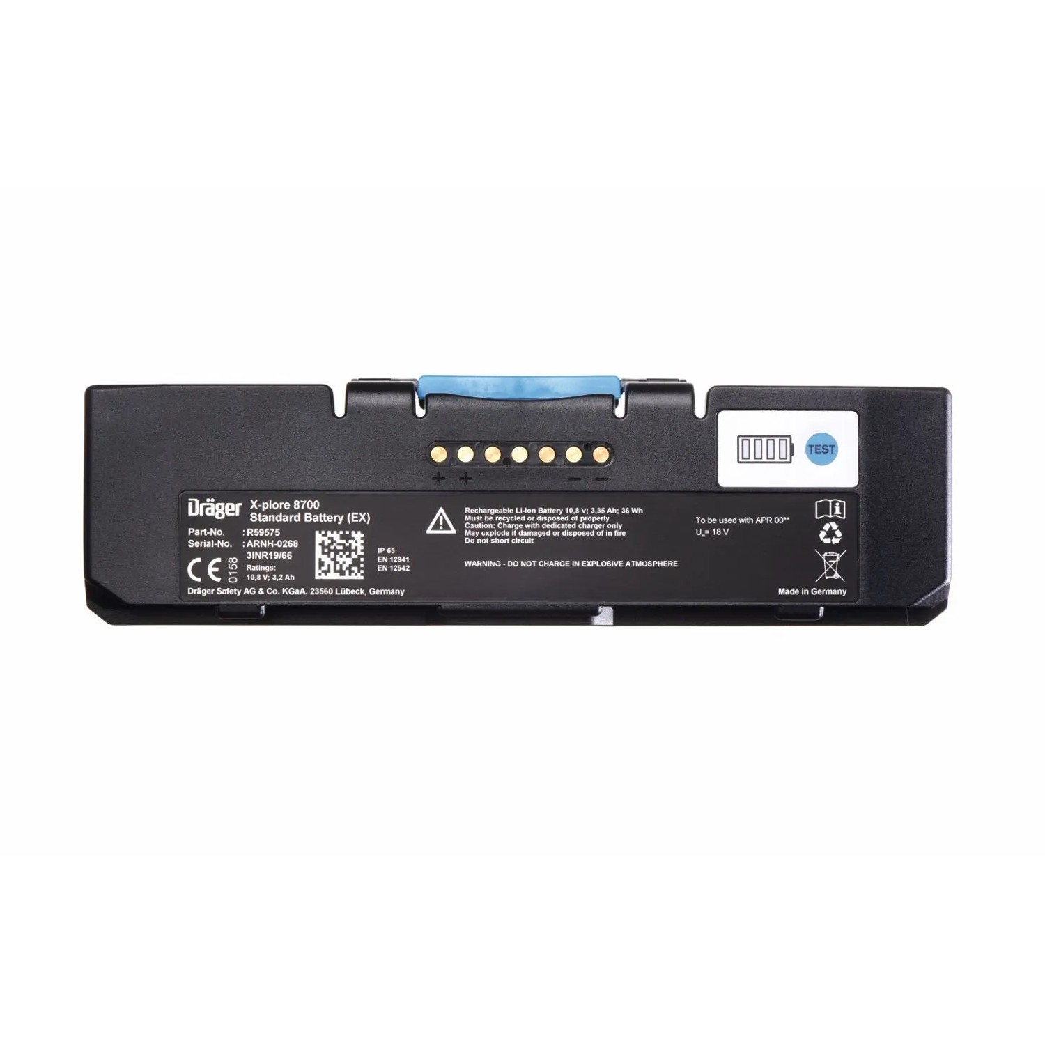 Schwarzer Dräger X-plore 8000 Standardakku für Gebläsefiltergerät X-plore 8700. Lithium-Ionen, 12,6V/3,4Ah, ATEX-konform.