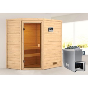 Woodfeeling Sauna Jella mit bronzierter Glastür und 9 kW Ofen mit Steuerung.