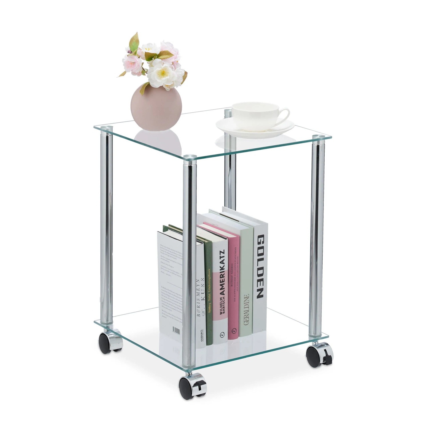 Relaxdays Beistelltisch Glas Metall Silber mit Rollen 46 cm x 34 cm x 34 cm 3,4 kg