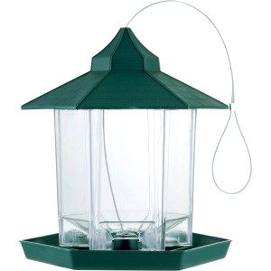 Vogelfutterstation aus Kunststoff, 20x23,5 cm, mit grünem Dach und Futterschale.
