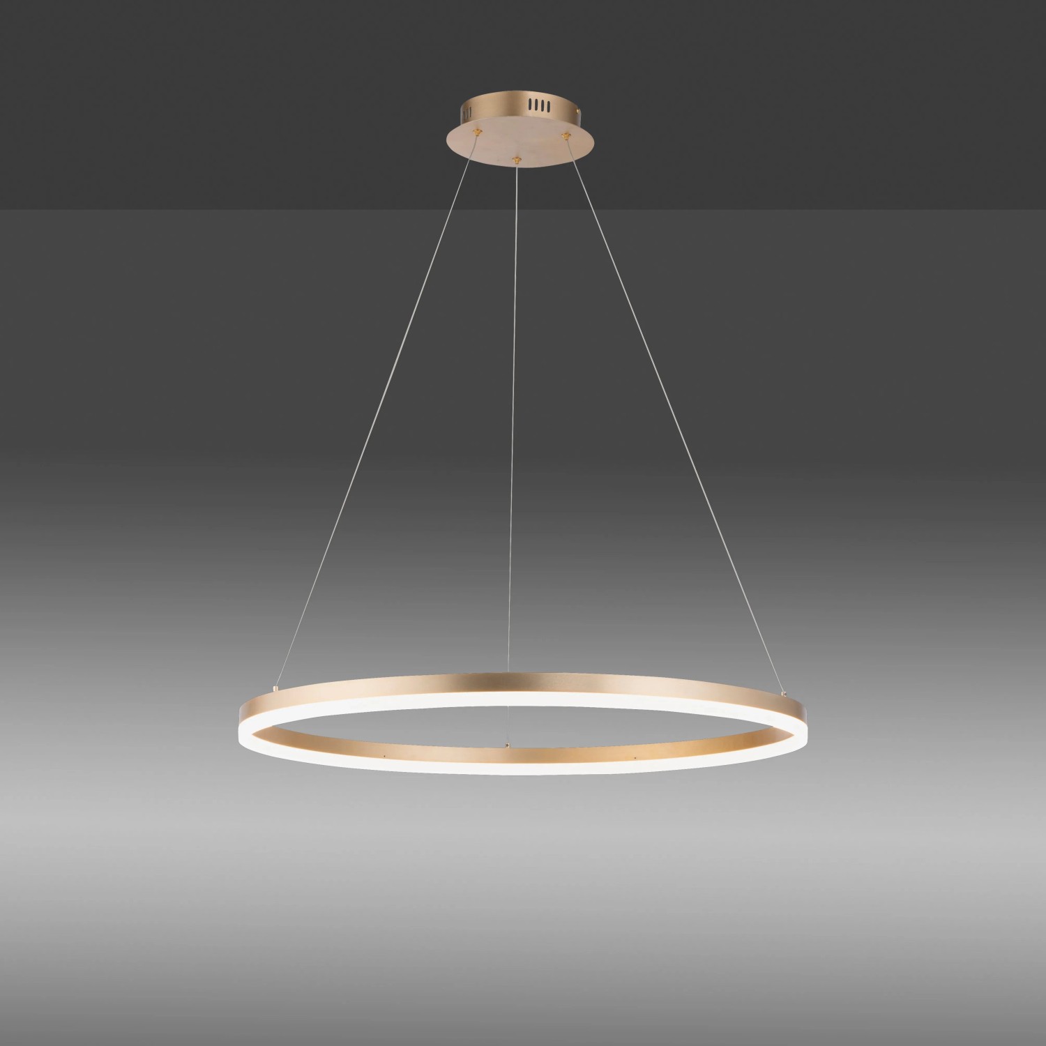 Moderne, runde LED-Pendelleuchte Helia von Paul Neuhaus, messingfarben, Ø 80 cm.