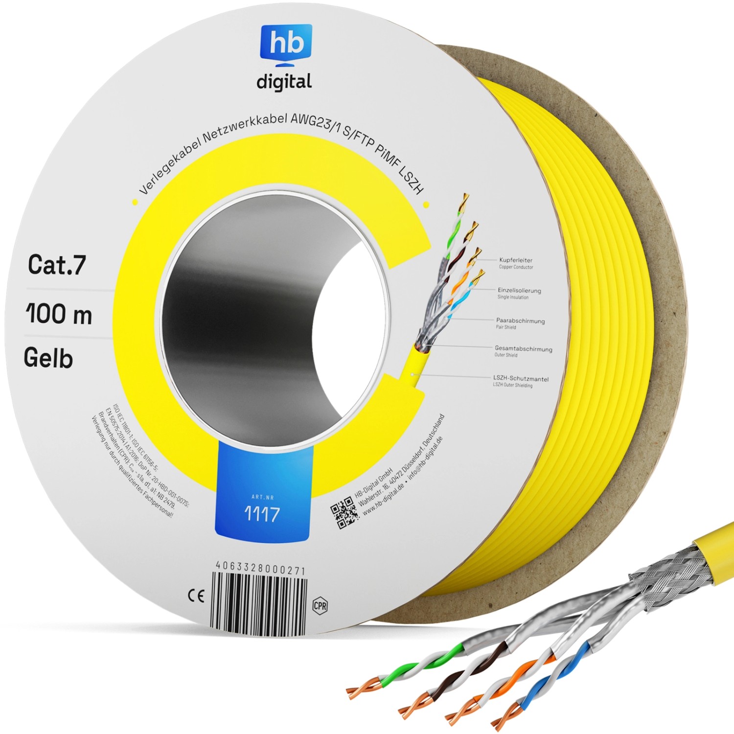 Thumbnail - hb-digital CAT 7 Kabel Netzwerkkabel max. 1000 MHz S/FTP AWG23 LSZH 100m gelb