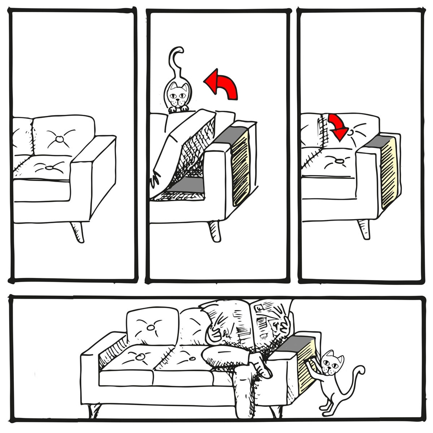 Illustration: Montage der Anbringung eines XXL Sisal Kratzschutzes an ein Sofa zum Schutz vor Katzen.