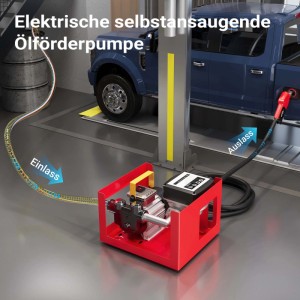 Rote Wiltec Heizöl- und Dieselpumpe 230V/550W mit Zählwerk, Schläuchen und Zapfpistole, betankt Fahrzeug. Selbstansaugend.