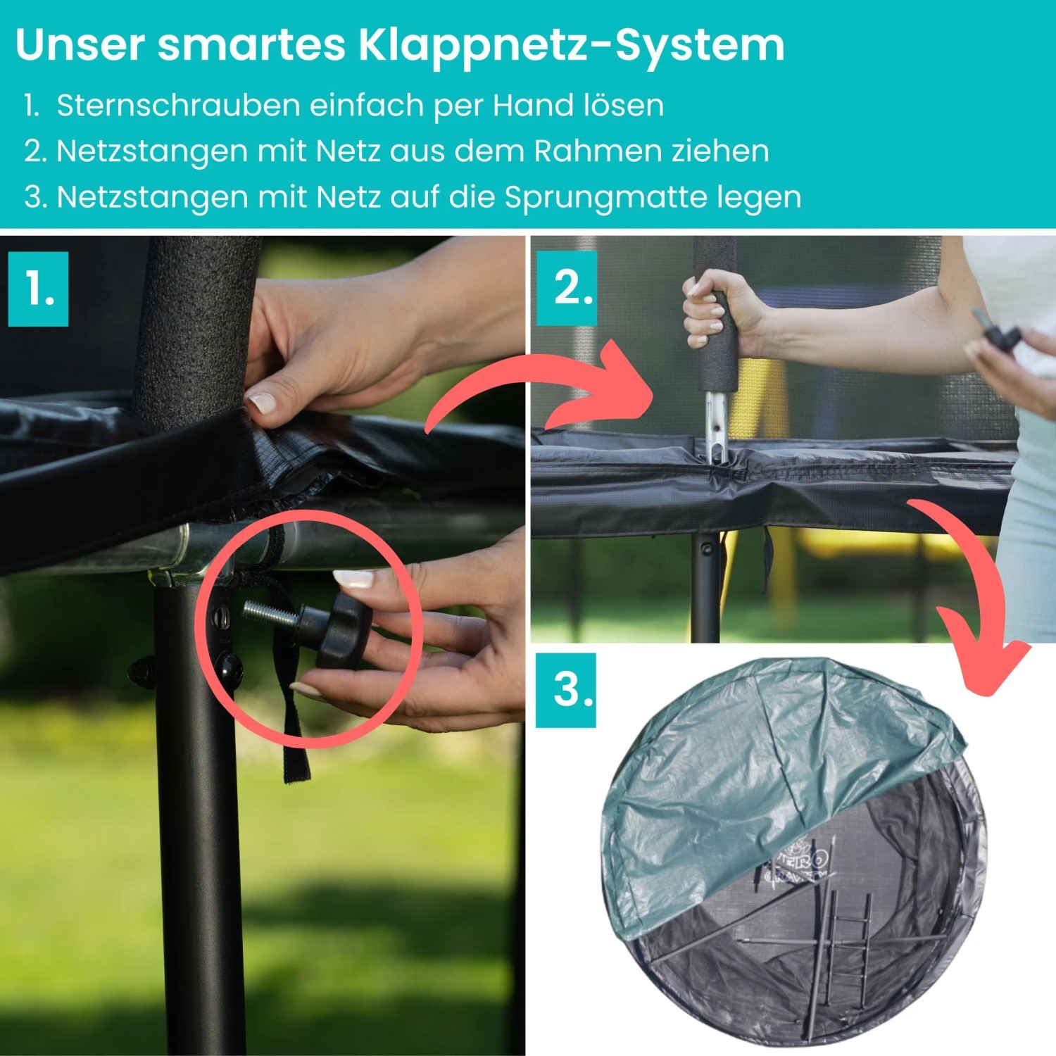 Zero Gravity Trampolin: Detailansicht des smarten Klappnetz-Systems mit einfacher Handhabung.
