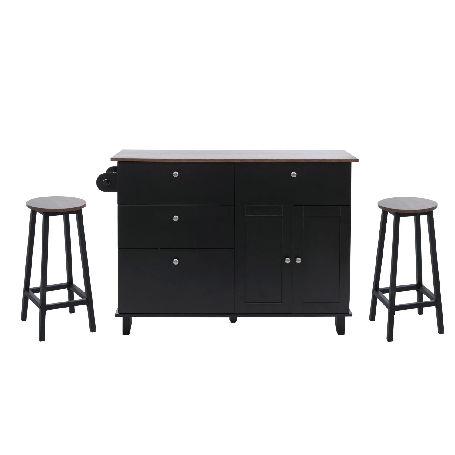 MCW Kücheninsel P62 mit 2 Sitzhockern Staufächer MDF 90x131x47cm Schwarz Dunkles Holz