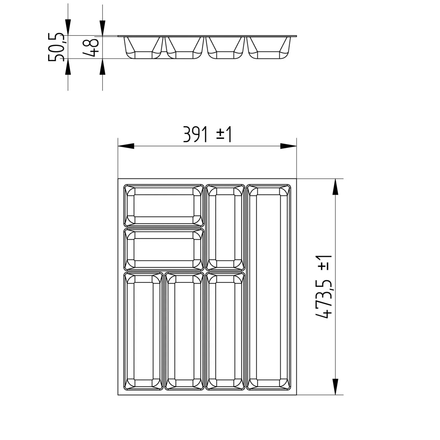 SOTECH ORGA-BOX-3 Besteckeinsatz: Technische Zeichnung mit Maßen 391x473x50,5mm und Fächern für Schubladen. Küchen-Ordnungssystem.