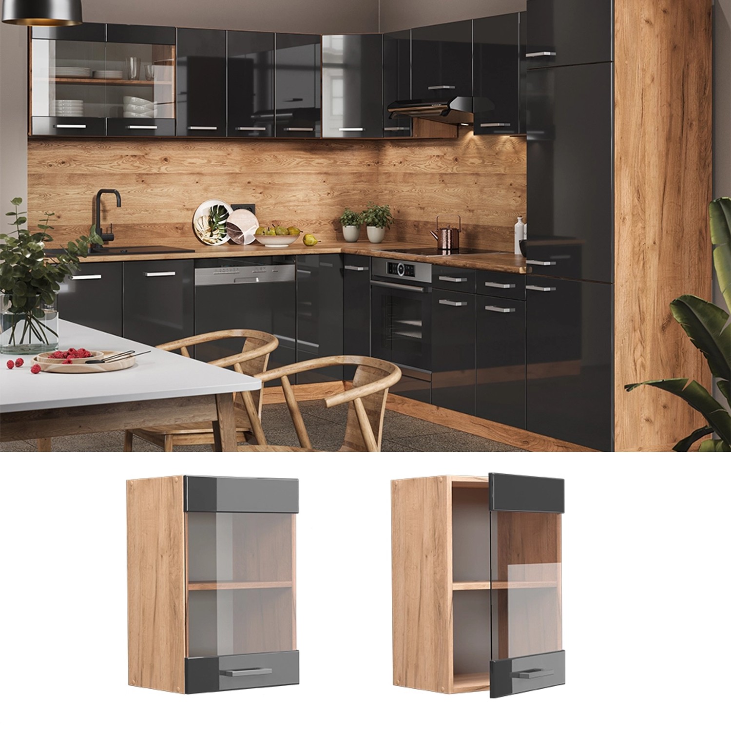 Vicco Küchenglasschrank R-Line, Anthrazit Hochglanz/Goldkraft Eiche, 40 cm. Hängeschrank für die Küche.