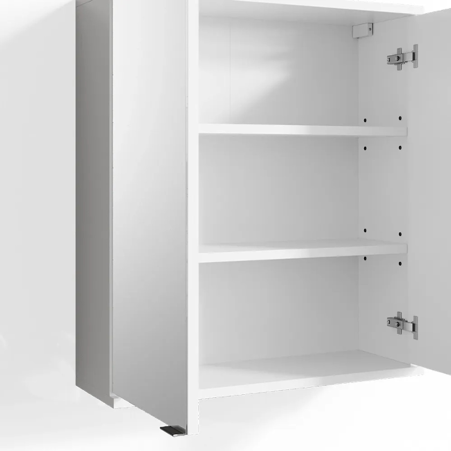 Offener, weißer Vicco Badspiegelschrank Roy 60x68 cm mit zwei Einlegeböden.