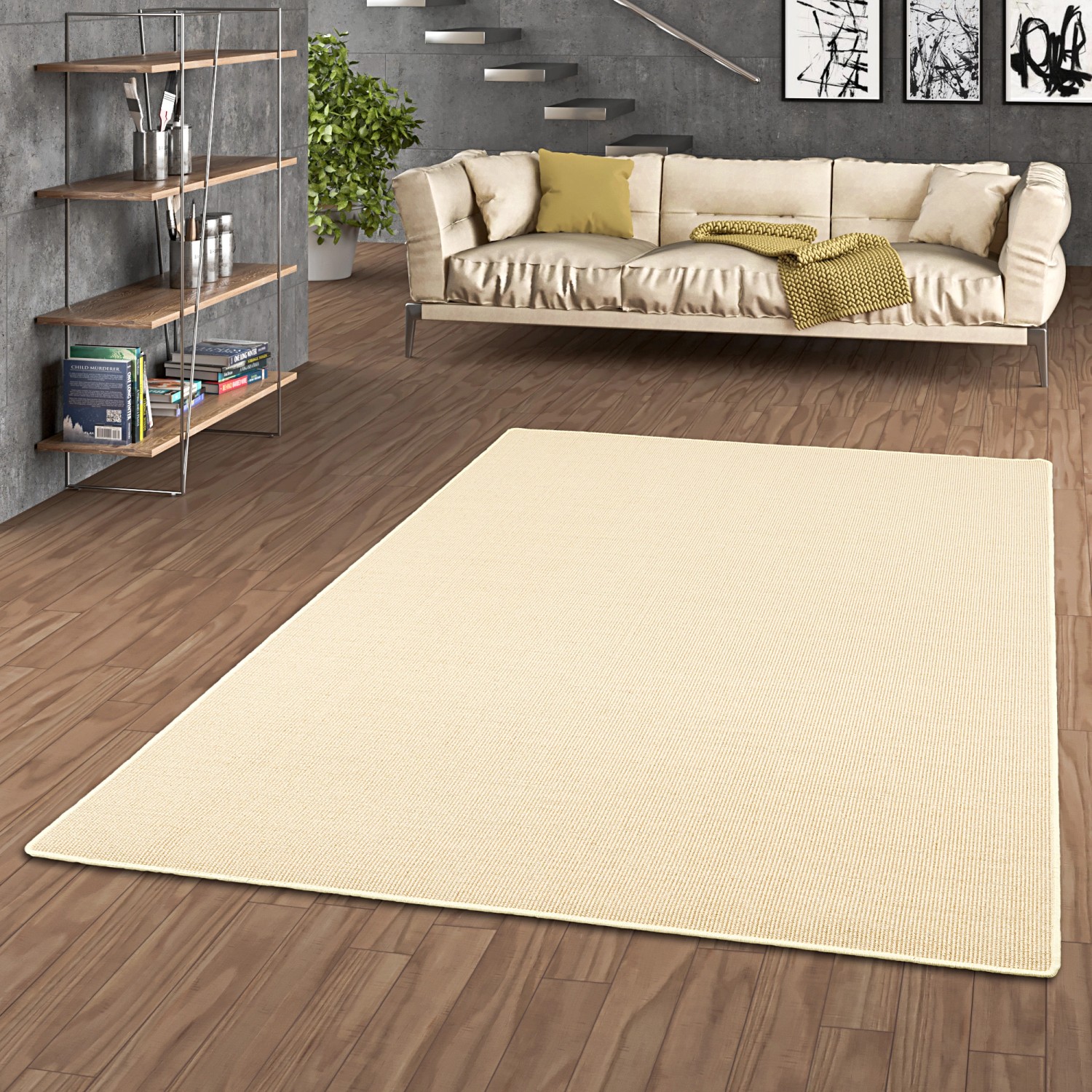 Cremefarbener Sisalteppich, Snapstyle Natur, klassisches Design, 160x160 cm.
