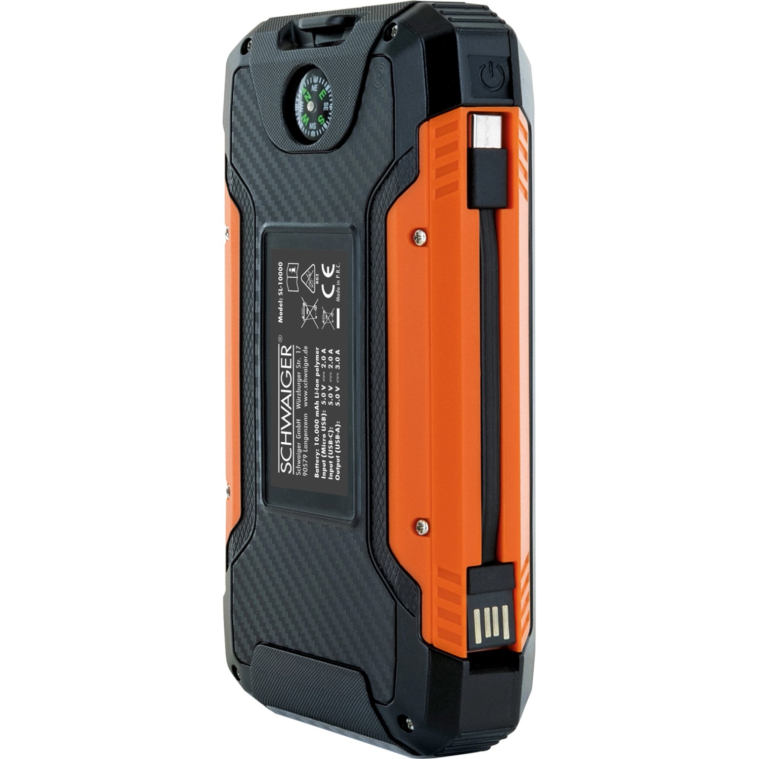 Schwaiger Solar-Powerbank mit USB-Anschluss, Kompass und integrierter Taschenlampe.