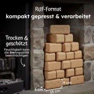 Gestapelte Moorland Holzbriketts (30 kg) im RUF-Format neben einem Kamin.