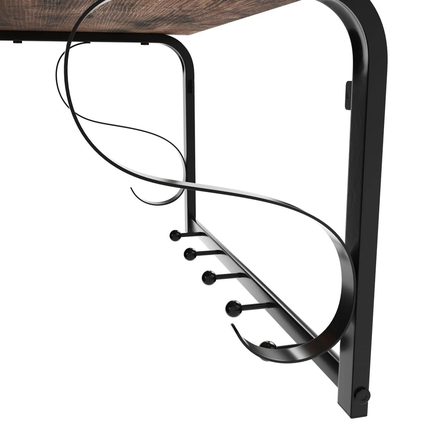 Vasagle Wandgarderobe mit 5 Haken und Regal, braun-schwarz, Detailansicht.