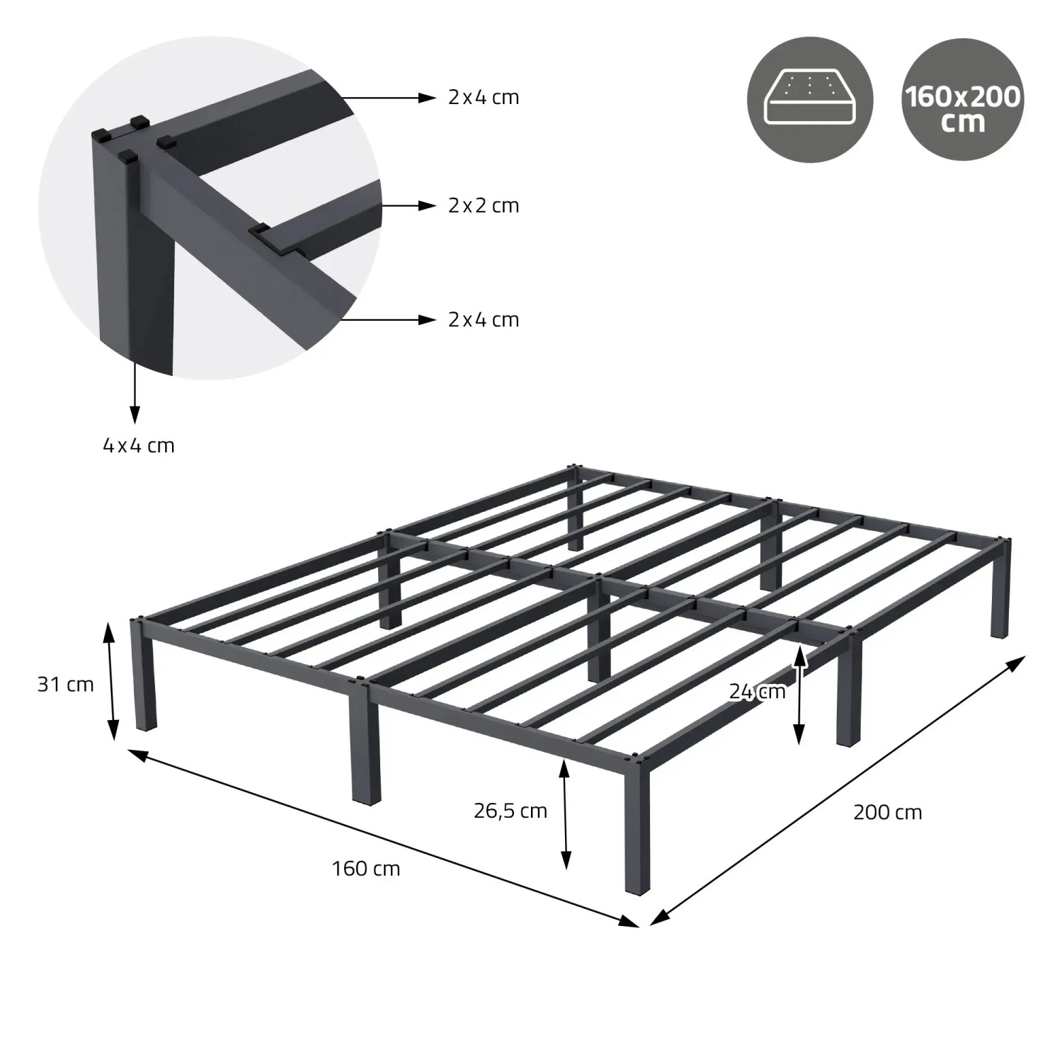 Anthrazitfarbenes Metallbett 160x200 cm mit stabilem Stahlrahmen und Lattenrost. Modernes Bettgestell.