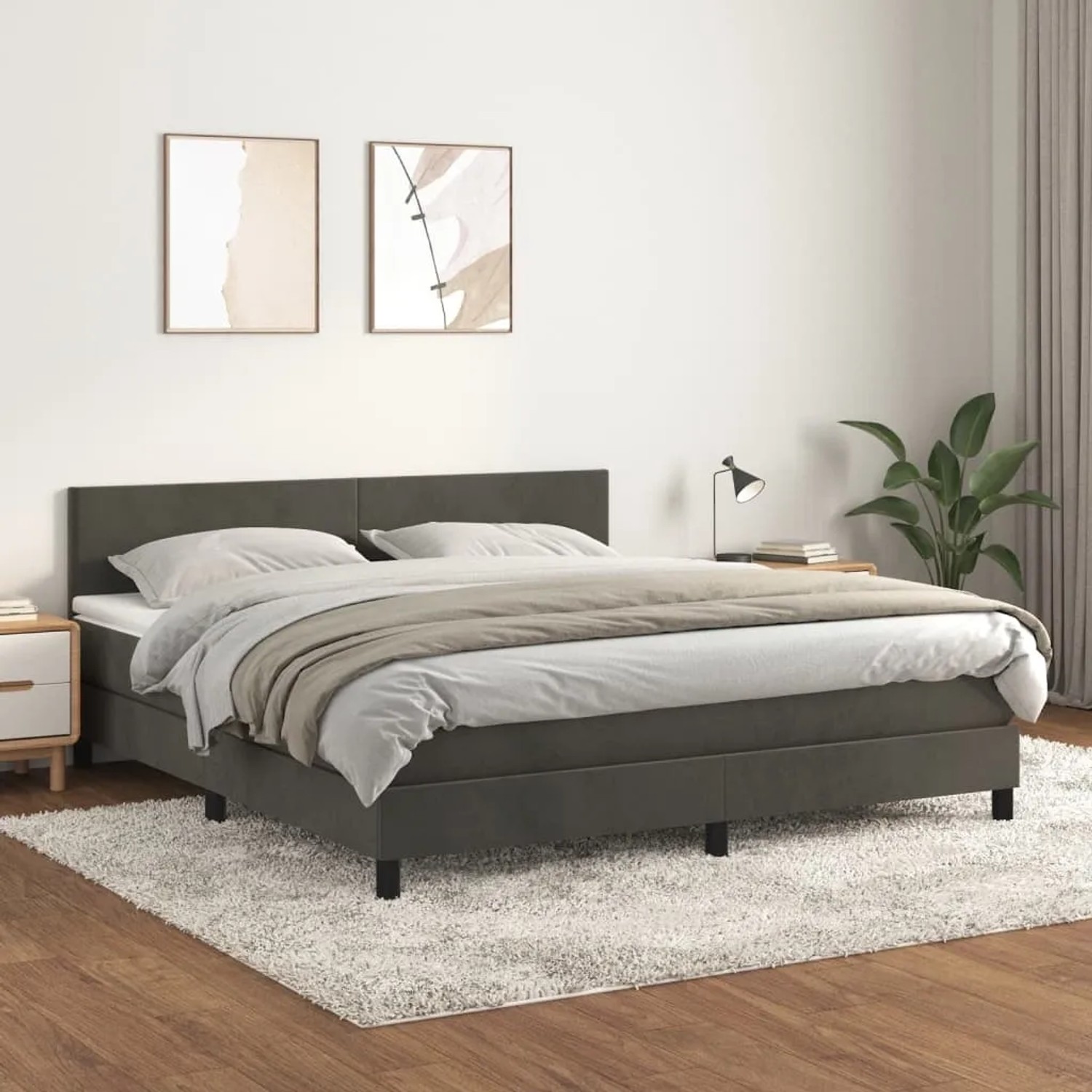Dunkelgraues vidaXL Boxspringbett 160x200 cm mit Matratze und Samtbezug.