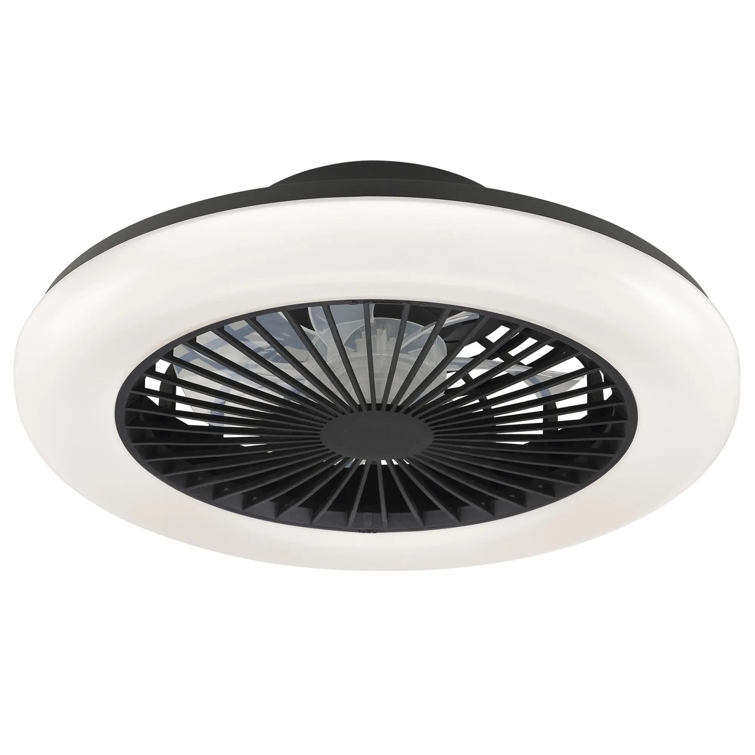 Schwarze LED-Deckenleuchte Montero mit Ventilator, Ø 42 cm.