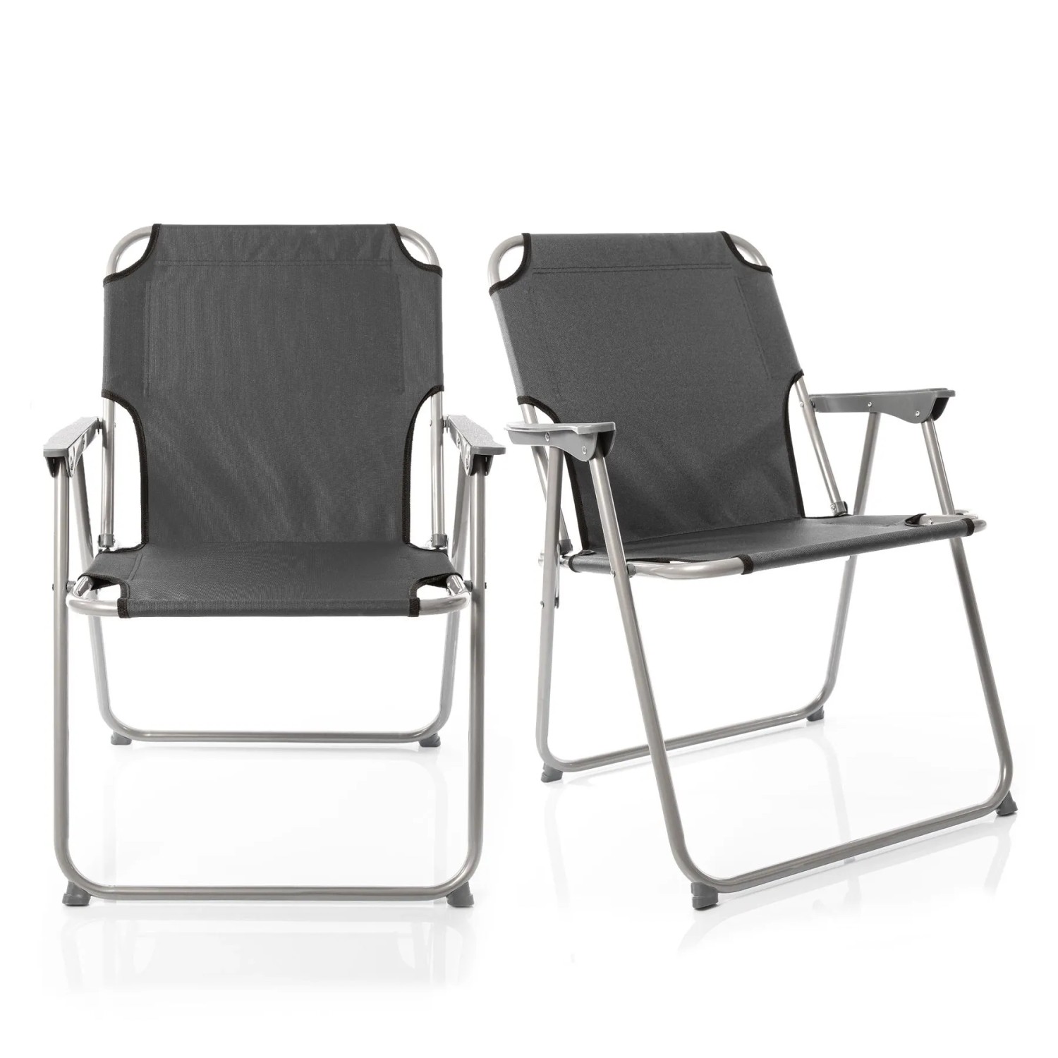 Zwei BigDean Klappstühle Anthrazit Grau, faltbar, mit robustem Metallgestell und Armlehnen für Camping & Garten.