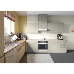 Küchenansicht mit Möbeln im Farbton Treibholz, behandelt mit Alpina Möbel-Lack Bad & Küche.