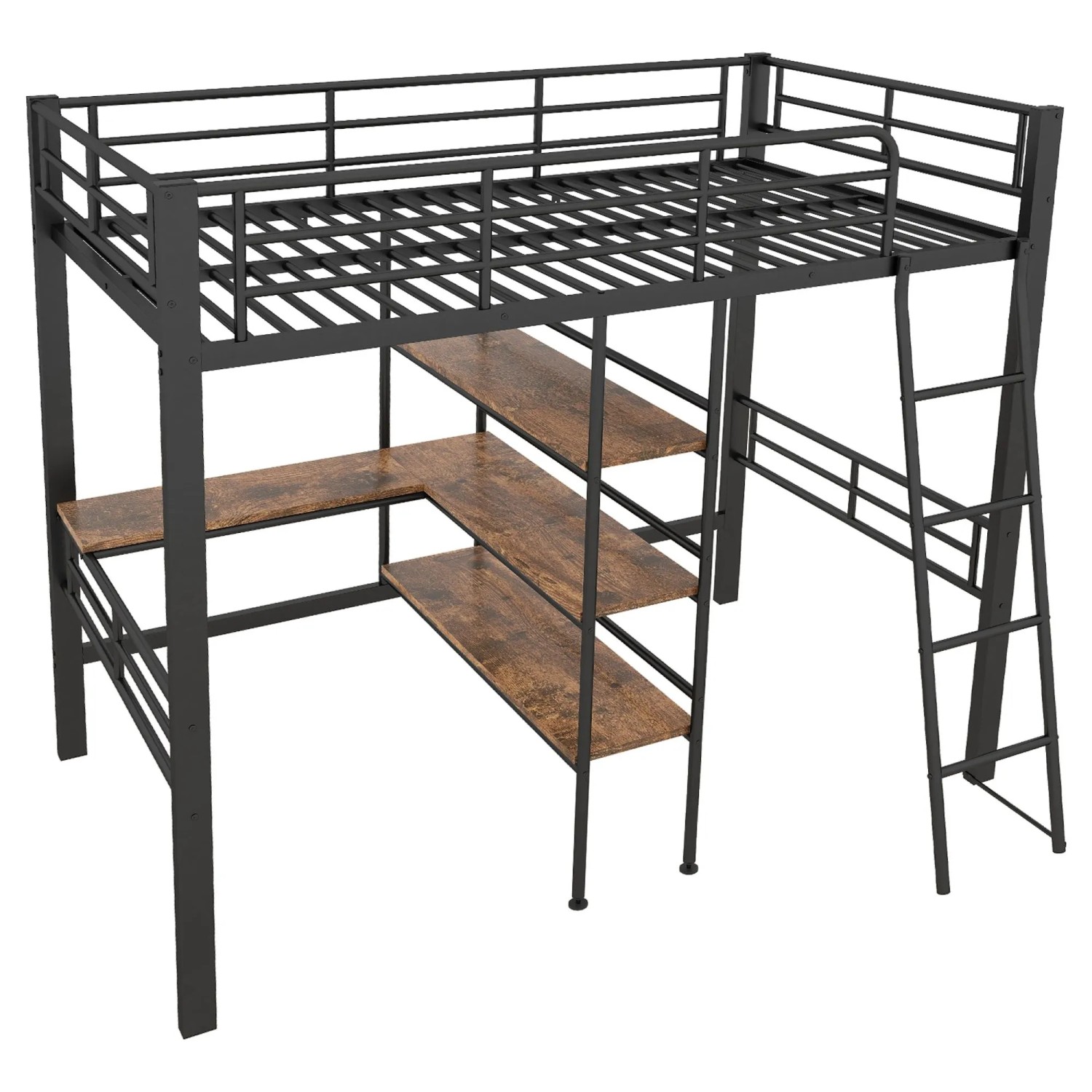 KOMHTOM Hochbett 90x200Cm Mit Schreibtisch Mehrere Regale Geländer Und Leiter Eisenrahmen Schwarz Ohne Matratze