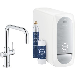 Grohe Blue Home Starter Kit mit Armatur, Kühler, CO2-Flasche und Filter für gefiltertes Wasser.