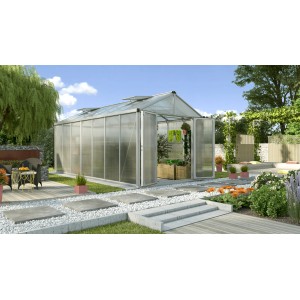 Vitavia Gewächshaus Zeus Comfort 13800 mit Alu-Rahmen und geöffneten Türen im Garten.