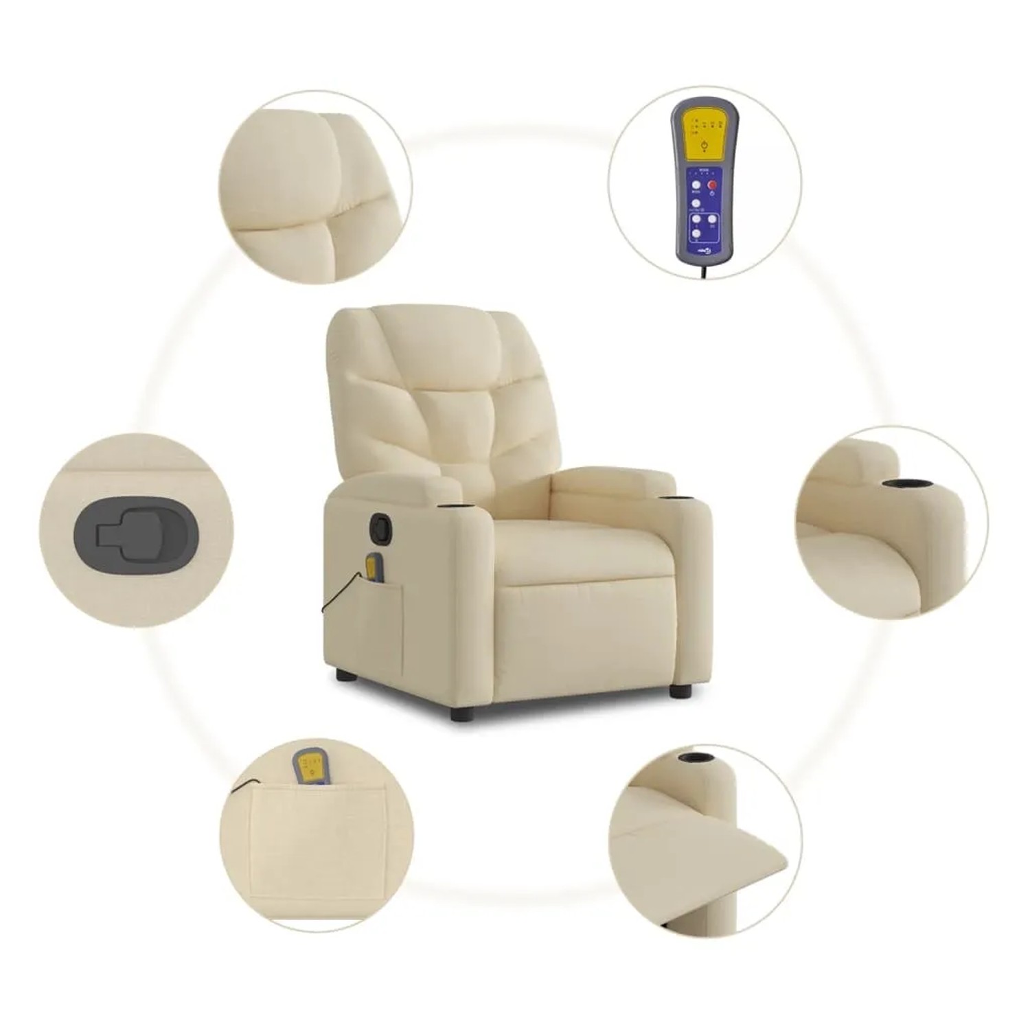 Cremefarbener vidaXL Massagesessel aus Stoff mit Getränkehaltern und Fernbedienung.