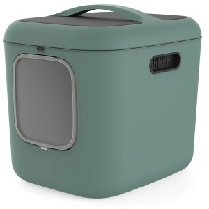 Rotho Katzentoilette Biala XL in Mistletoe Green, geschlossenes Katzenklo mit Tür und Griff.