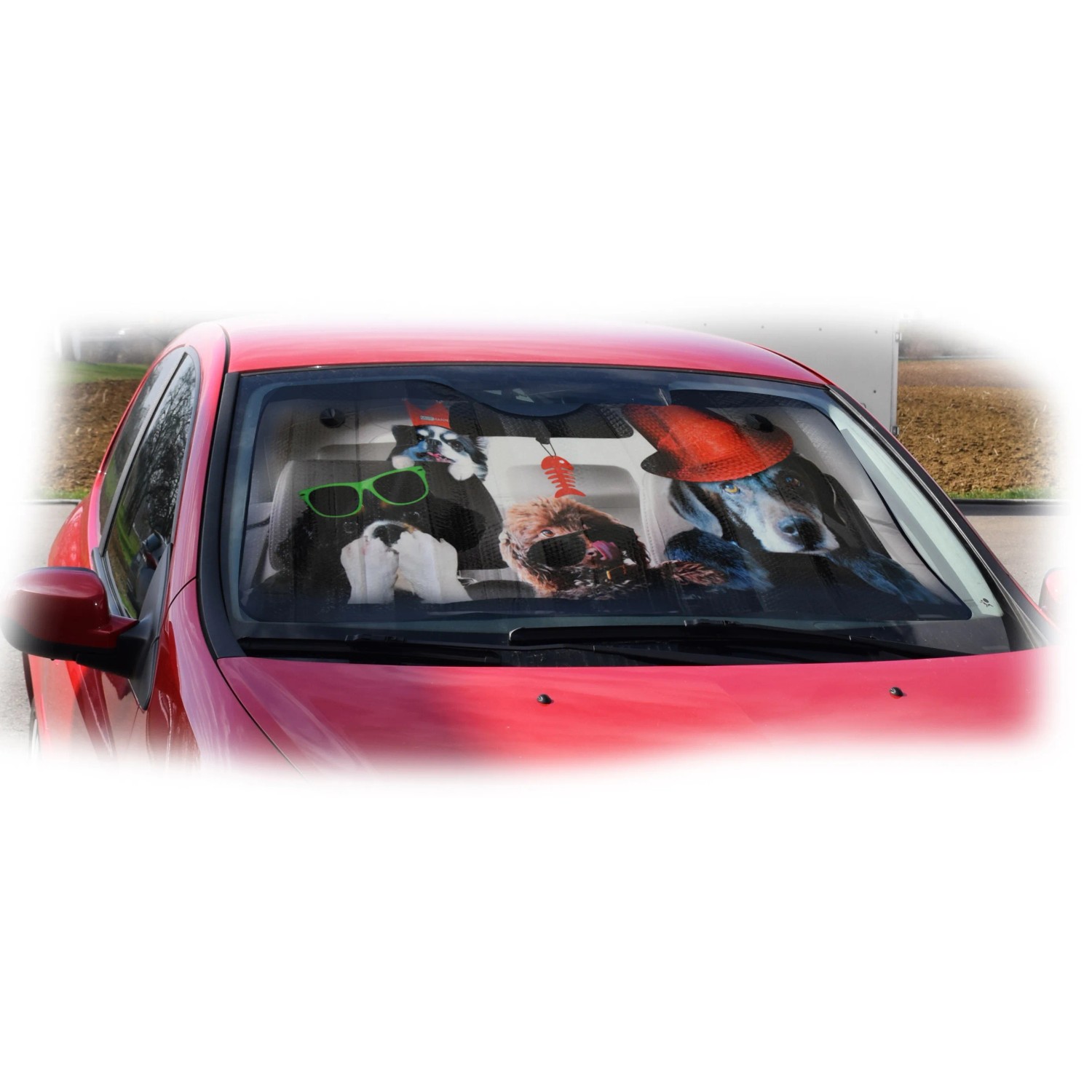 OkCars Frontscheibensonnenschutz mit Hunde-Motiv im Auto. Hält das Fahrzeuginnere kühl.