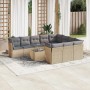 Beige 11-tlg. Garten-Sofagarnitur aus Rattan mit grauen Kissen und Tisch auf Terrasse.
