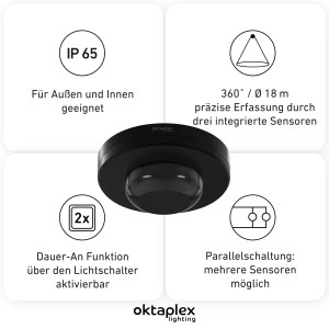 Schwarzer Oktaplex Pia Präsenzmelder 360° für Innen & Außen, IP65 Bewegungsmelder.