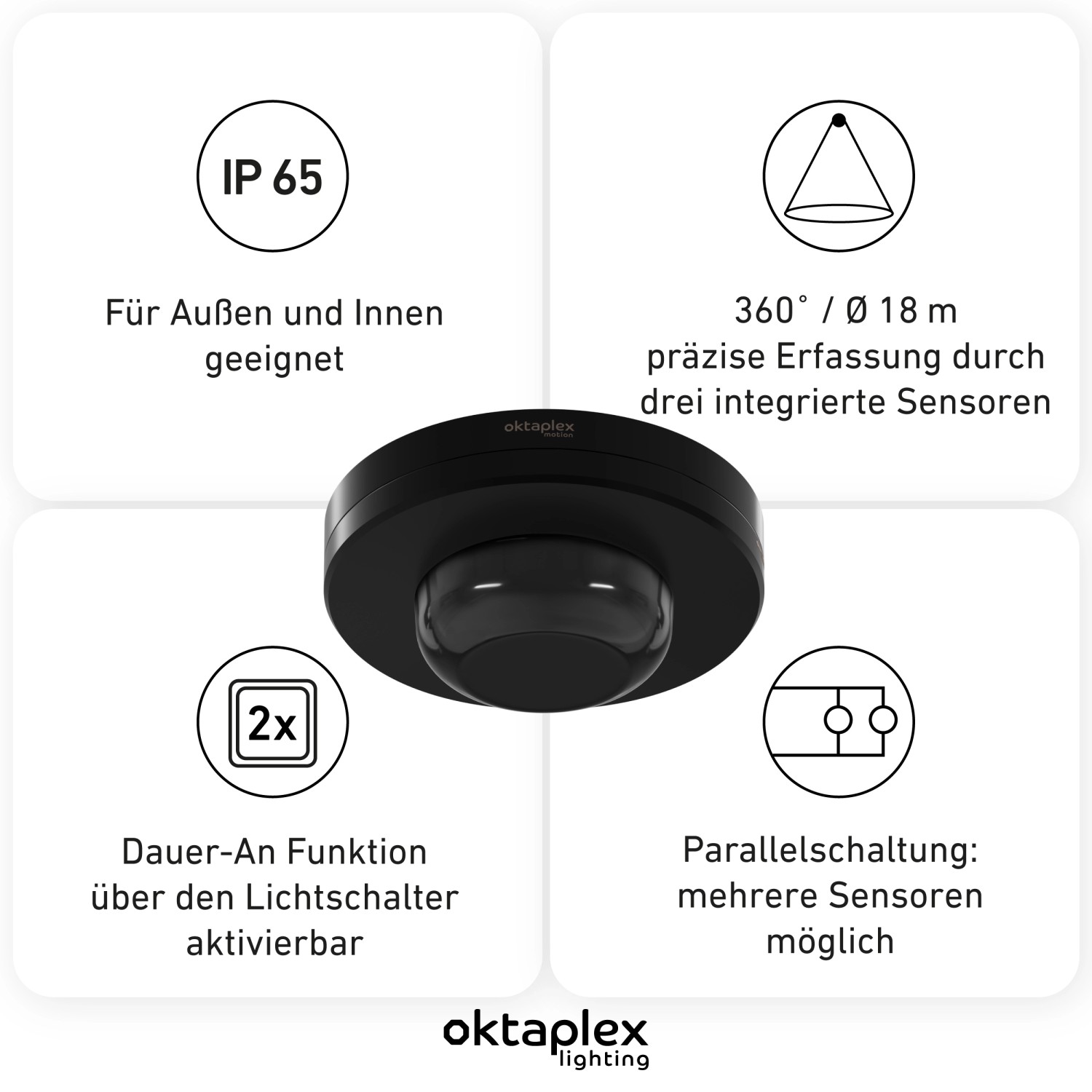 Schwarzer Oktaplex Pia Präsenzmelder 360° für Innen & Außen, IP65 Bewegungsmelder.